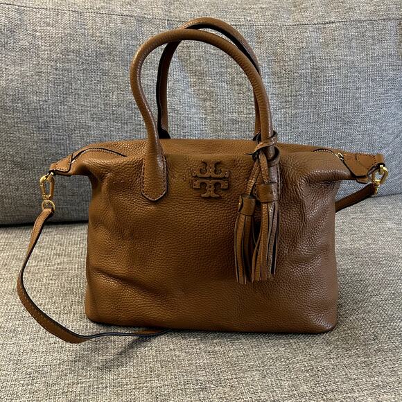 Tory Burch McGraw Slouchy Leather Satchel Moose Brown Tassel Bag Top Handle EUC - Picture 10 of 16